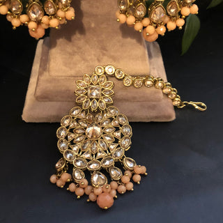 Pearly Antique Gold Necklace Set (Necklace, Earrings, Tikka) - Golden / Peach