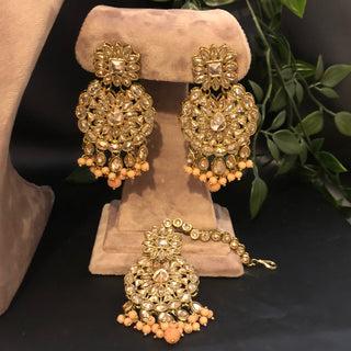 Pearly Antique Gold Necklace Set (Necklace, Earrings, Tikka) - Golden / Peach