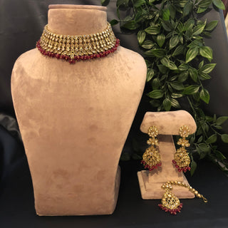 Pearly Antique Gold Necklace Set (Necklace, Earrings, Tikka) - Golden / Maroon