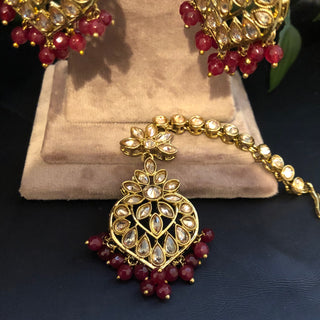 Pearly Antique Gold Necklace Set (Necklace, Earrings, Tikka) - Golden / Maroon