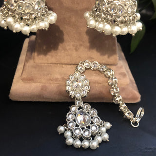 Pearly Antique Silver Necklace Set (Necklace, Earrings, Tikka) - Silver