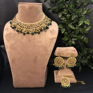 Pearly Antique Gold Necklace Set (Necklace, Earrings, Tikka) - Gold / Emerald Green