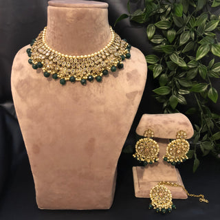 Pearly Antique Gold Necklace Set (Necklace, Earrings, Tikka) - Gold / Emerald Green