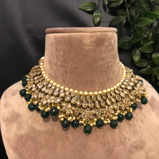 Pearly Antique Gold Necklace Set (Necklace, Earrings, Tikka) - Gold / Emerald Green