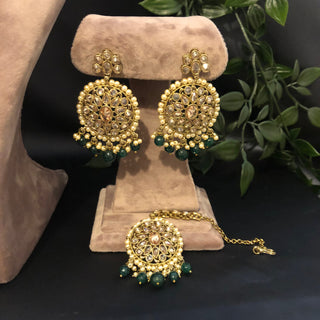 Pearly Antique Gold Necklace Set (Necklace, Earrings, Tikka) - Gold / Emerald Green