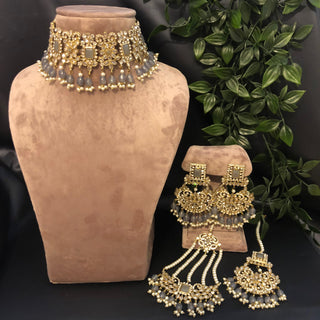 Pearly Antique Gold Necklace Set (Necklace, Earrings, Tikka) - Gold / Grey