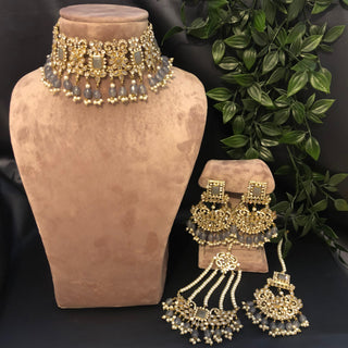 Pearly Antique Gold Necklace Set (Necklace, Earrings, Tikka) - Gold / Grey