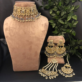 Pearly Antique Gold Necklace Set (Necklace, Earrings, Tikka) - Gold / Grey