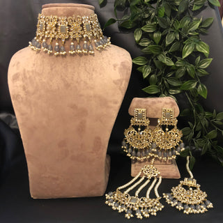 Pearly Antique Gold Necklace Set (Necklace, Earrings, Tikka) - Gold / Grey