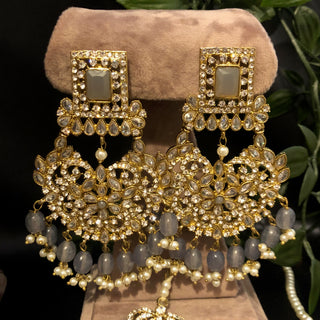 Pearly Antique Gold Necklace Set (Necklace, Earrings, Tikka) - Gold / Grey