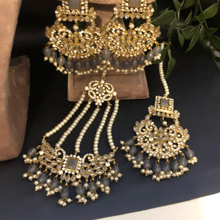 Pearly Antique Gold Necklace Set (Necklace, Earrings, Tikka) - Gold / Grey