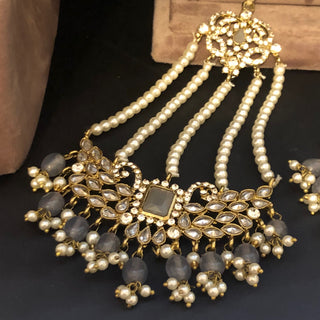 Pearly Antique Gold Necklace Set (Necklace, Earrings, Tikka) - Gold / Grey