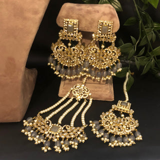 Pearly Antique Gold Necklace Set (Necklace, Earrings, Tikka) - Gold / Grey