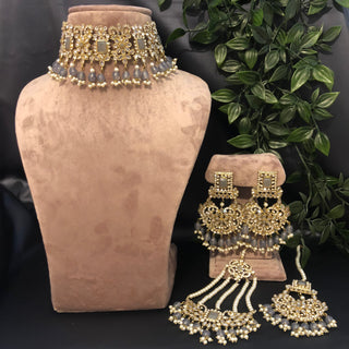 Pearly Antique Gold Necklace Set (Necklace, Earrings, Tikka) - Gold / Grey