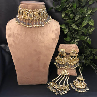 Pearly Antique Gold Necklace Set (Necklace, Earrings, Tikka) - Gold / Grey