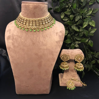 Pearly Antique Gold Necklace Set (Necklace, Earrings, Tikka) - Gold / Mint