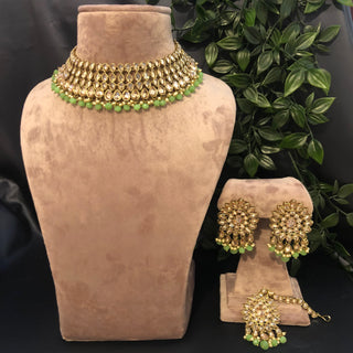 Pearly Antique Gold Necklace Set (Necklace, Earrings, Tikka) - Gold / Mint