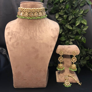 Pearly Antique Gold Necklace Set (Necklace, Earrings, Tikka) - Gold / Mint