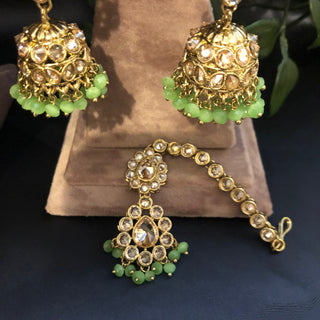 Pearly Antique Gold Necklace Set (Necklace, Earrings, Tikka) - Gold / Mint