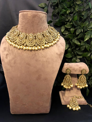 Pearly Antique Gold Necklace Set (Necklace, Earrings, Tikka) - Gold