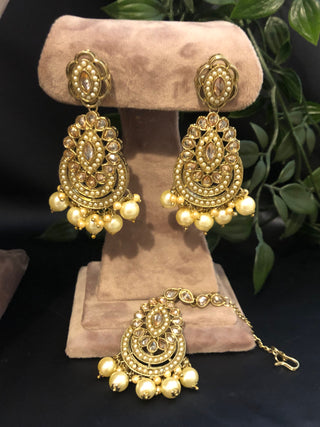 Pearly Antique Gold Necklace Set (Necklace, Earrings, Tikka) - Gold