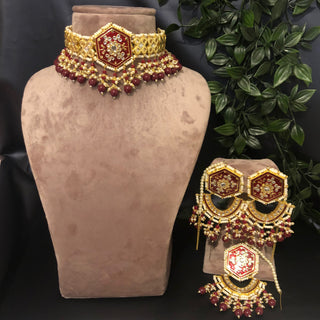 Pearly Antique Gold Necklace Set (Necklace, Earrings, Tikka) - Gold / Maroon