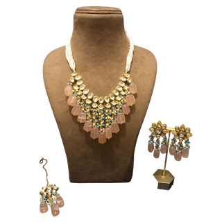 MISHA Kundan Necklace Set (Peach, Sky Blue Combo)