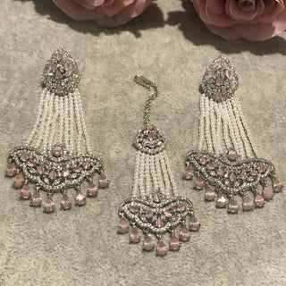 American Diamond Style Earring & Tikka Set - Baby Pink