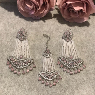 American Diamond Style Earring & Tikka Set - Baby Pink