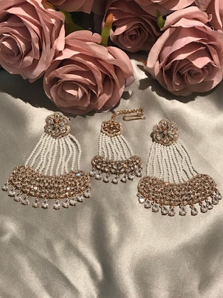 American Diamond Style Statement Earring & Tikka Set - Rose Gold