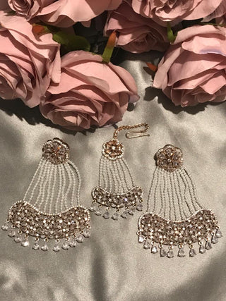 American Diamond Style Statement Earring & Tikka Set - Rose Gold