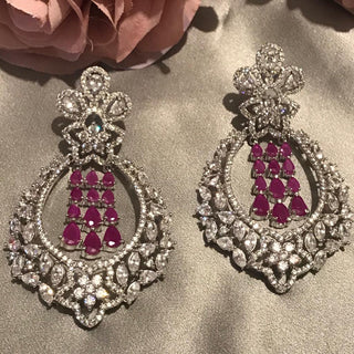 American Diamond Style Statement Earrings - Hot Pink / Silver