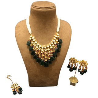 MISHA Kundan Necklace Set (Emerald, Maroon Combo)