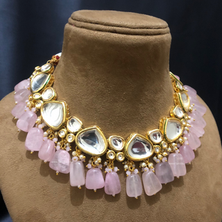 MEEREN Kundan Choker Necklace Set (Baby Pink)