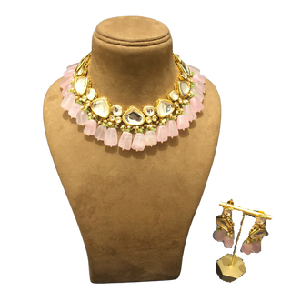 MEEREN Kundan Choker Necklace Set (Baby Pink. Mint Combo)