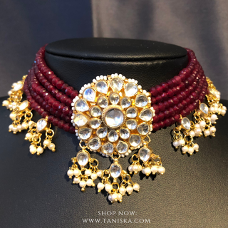 ANAYAT Deep Red Pachi Kundan Necklace Set