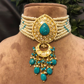 MRINAL Traditional Kundan Necklace Set - Turquoise/White