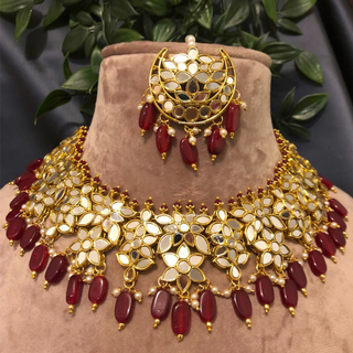 RAHA Traditional Glass Necklace Set - Deep Red/Maroon