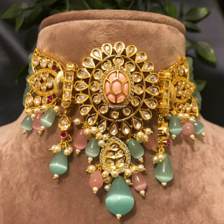 SABRINA Traditional Kundan Necklace Set - Mint/Baby Pink Combo