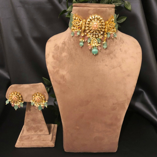 SABRINA Traditional Kundan Necklace Set - Mint/Baby Pink Combo