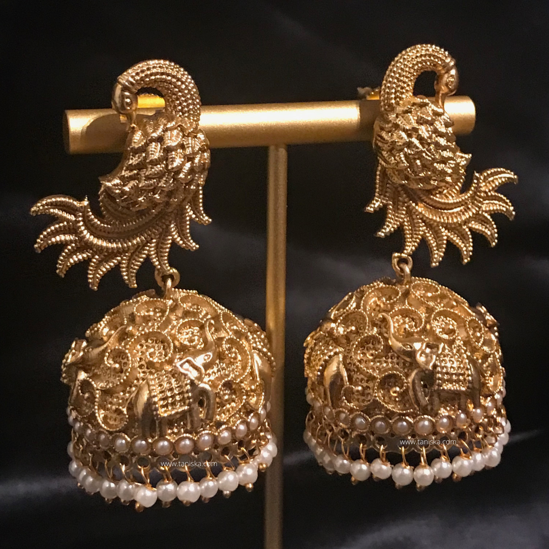 TANISHQ Designer Antique Gold Earrings - Golden - Elephant ...