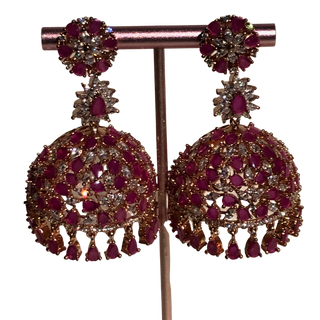 American Diamond Style Earring & Tikka Set - Hot Pink / Rose Gold