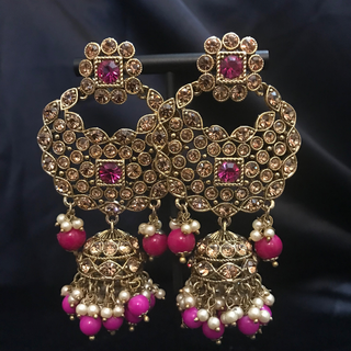 MAHIRA Antique Gold Earring & Tikka Set - Hot Pink