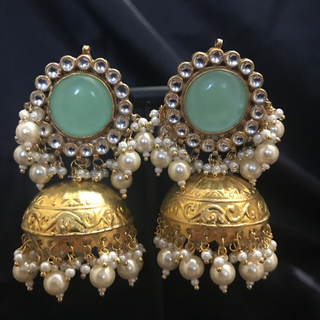 MAHARANI Pachi Kundan Large Jhumki Earrings & Tikka - Mint