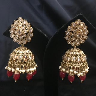 Royal Antique Gold Jhumki Earring & Tikka Set - Ruby