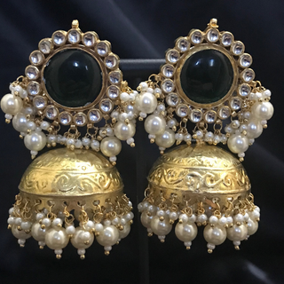 MAHARANI Pachi Kundan Large Jhumki Earrings & Tikka - Bottle Green