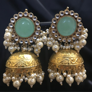 MAHARANI Pachi Kundan Large Jhumki Earrings & Tikka - Mint