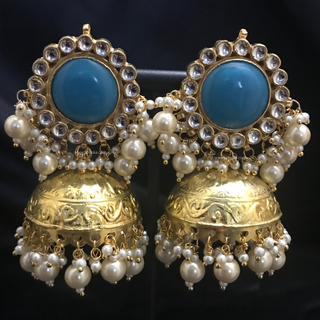 MAHARANI Pachi Kundan Large Jhumki Earrings & Tikka - Turquoise