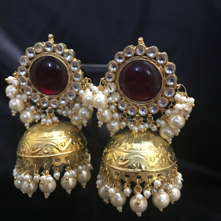 MAHARANI Pachi Kundan Large Jhumki Earrings & Tikka - Ruby