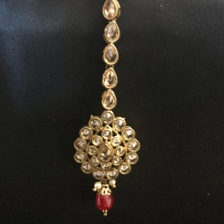 Royal Antique Gold Jhumki Earring & Tikka Set - Ruby